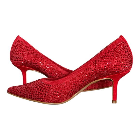 THALIA SODI HEATHERE RED RHINESTONE EMBELLISHED POINTED TOE KITTEN HEEL PUMPS